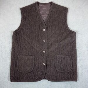 London Fog Quilted Vest Pockets Button Front‎ Sleeveless Brown Men's size 14